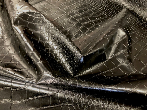 Faux Reptile Leather on Stretch Suede, Black