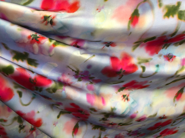 Poppy Flowers Print on Blue Satin