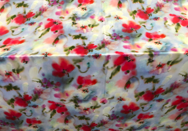 Poppy Flowers Print on Blue Satin