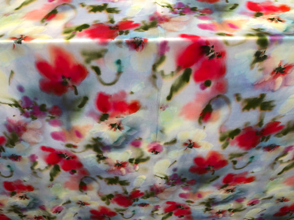 Poppy Flowers Print on Blue Satin
