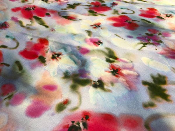 Poppy Flowers Print on Blue Satin