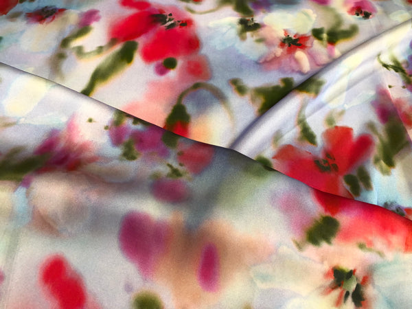 Poppy Flowers Print on Blue Satin