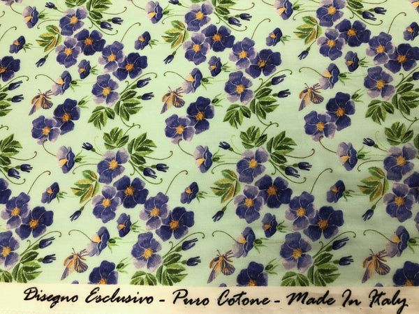 Purple Violets Print on Cotton Voile, Mint