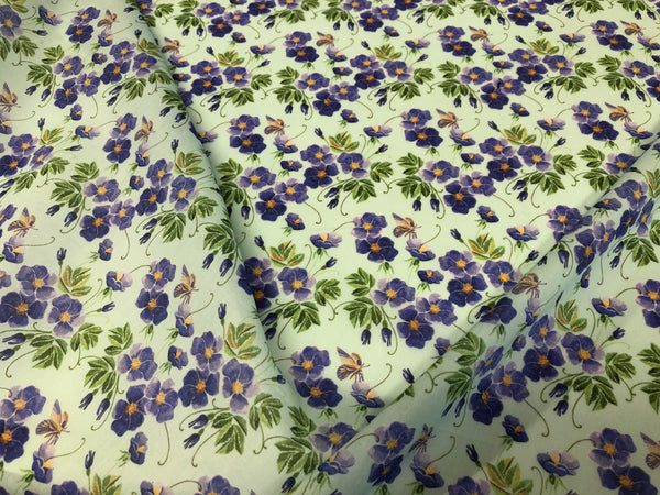 Purple Violets Print on Cotton Voile, Mint