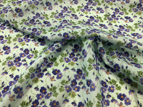 Purple Violets Print on Cotton Voile, Mint