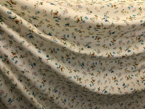 Blue & Yellow Roses Print on Cotton Voile, Pale Butter Yellow