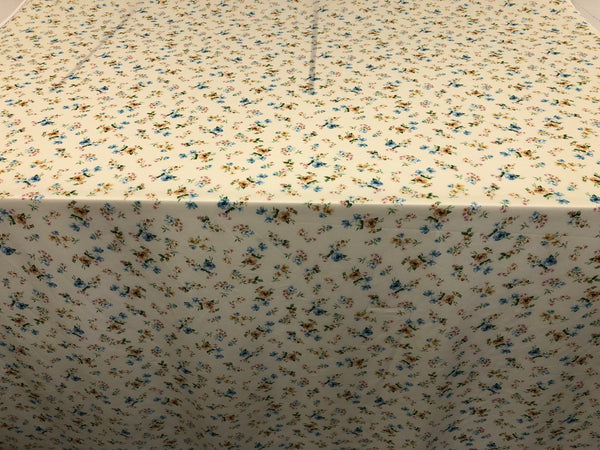 Blue & Yellow Roses Print on Cotton Voile, Pale Butter Yellow