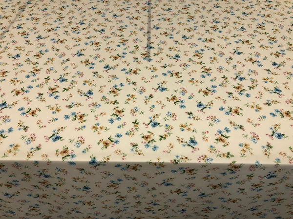 Blue & Yellow Roses Print on Cotton Voile, Pale Butter Yellow