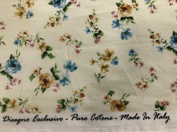 Blue & Yellow Roses Print on Cotton Voile, Pale Butter Yellow