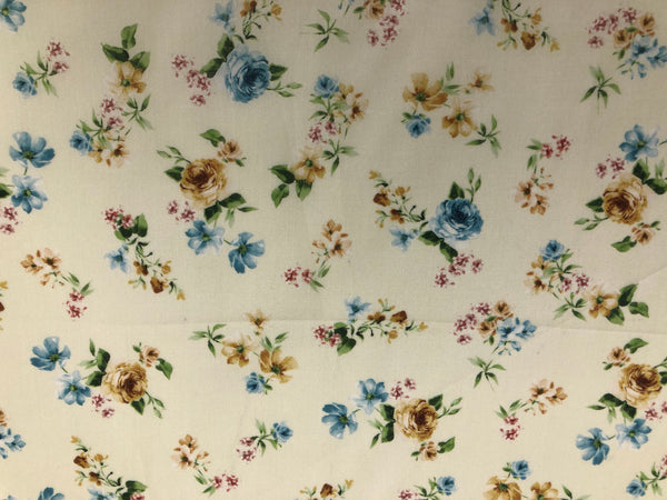 Blue & Yellow Roses Print on Cotton Voile, Pale Butter Yellow