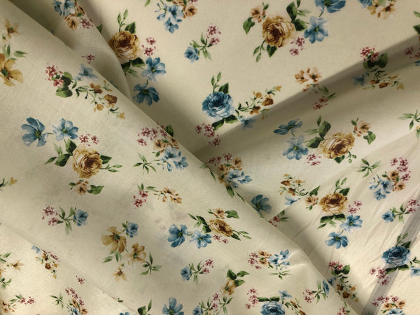 Blue & Yellow Roses Print on Cotton Voile, Pale Butter Yellow