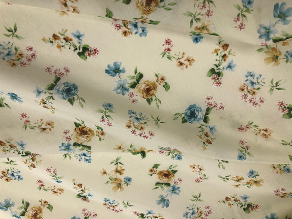 Blue & Yellow Roses Print on Cotton Voile, Pale Butter Yellow