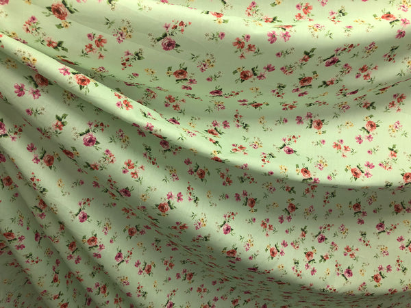 Mini Roses Print on Cotton Voile, Pale Green