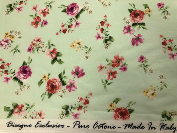 Mini Roses Print on Cotton Voile, Pale Green