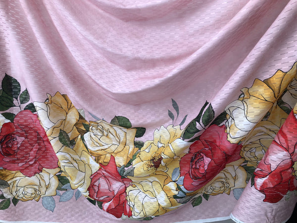 Printed Border Eyelet Stripe Cotton Roses & Magnolias,Pink