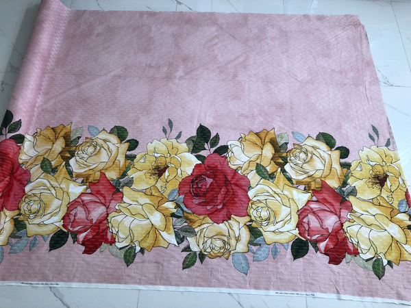 Printed Border Eyelet Stripe Cotton Roses & Magnolias,Pink