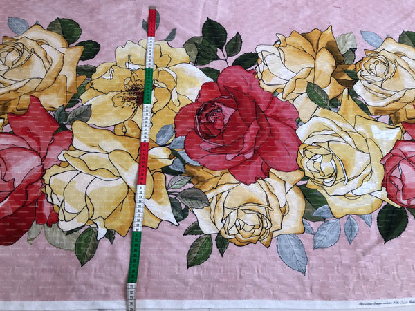 Printed Border Eyelet Stripe Cotton Roses & Magnolias,Pink