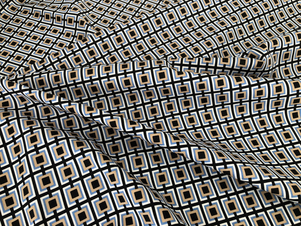 Check Print on Super Fine Stretch Poplin, Black, White, Blue & Beige