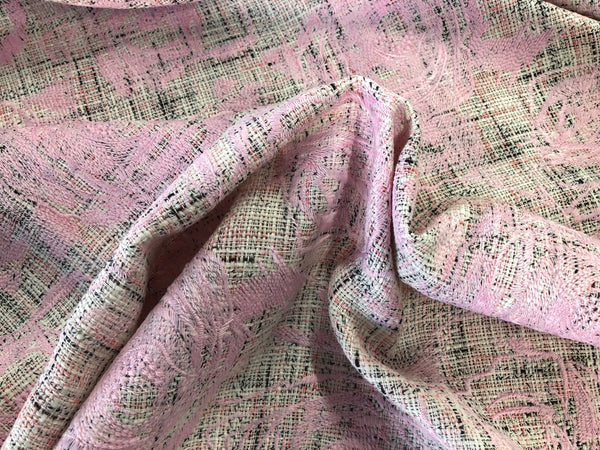 Embroidered Tweed Suiting, Pink Roses on Grey, White & Pinks