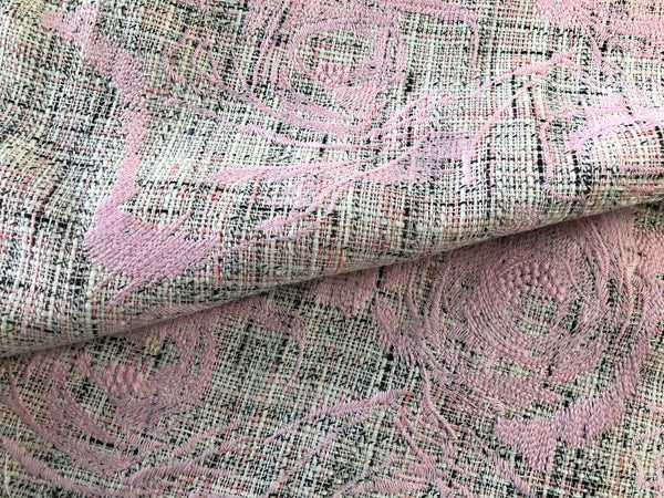 Embroidered Tweed Suiting, Pink Roses on Grey, White & Pinks