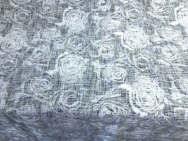 Embroidered Tweed Suiting, White Roses on Blue, Grey & White