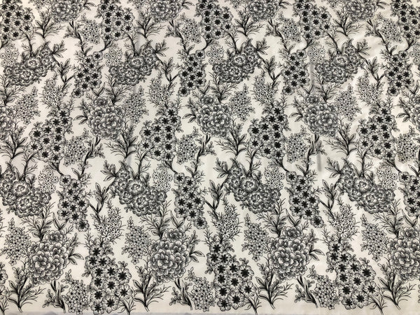 Black & White  Florals Embroidered on Voile