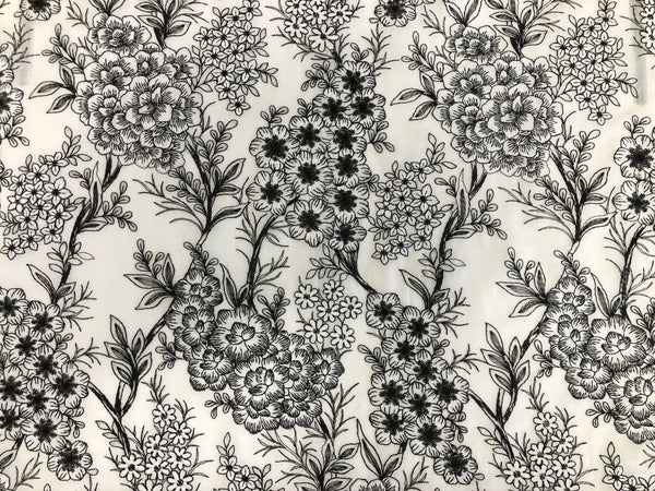 Black & White  Florals Embroidered on Voile