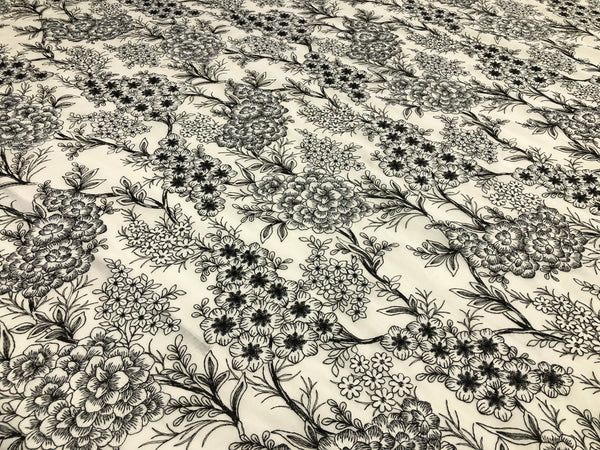 Black & White  Florals Embroidered on Voile