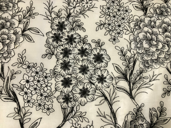 Black & White  Florals Embroidered on Voile