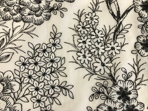 Black & White  Florals Embroidered on Voile