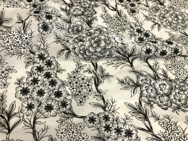 Black & White  Florals Embroidered on Voile
