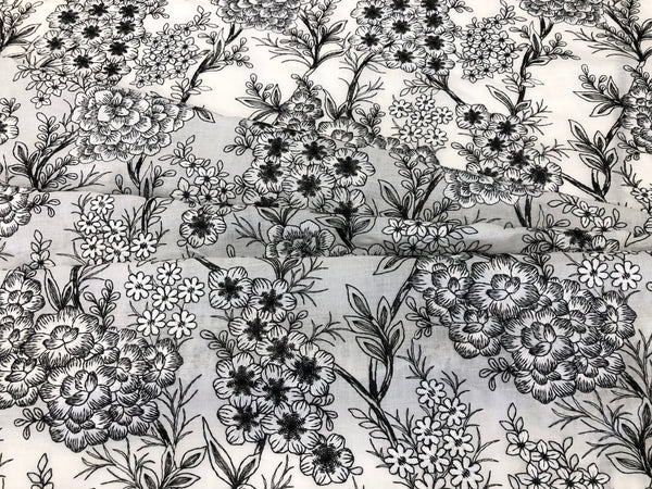 Black & White  Florals Embroidered on Voile