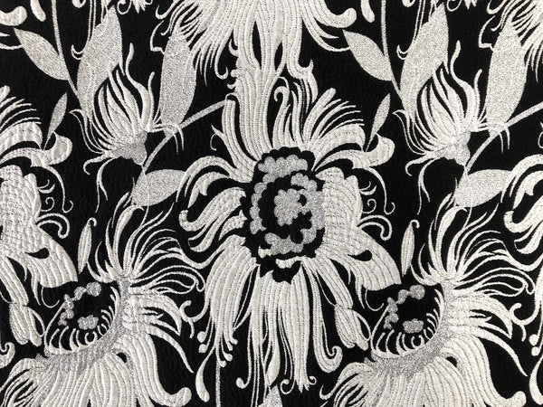 White & Silver Florals on Black, Jacquard Brocade