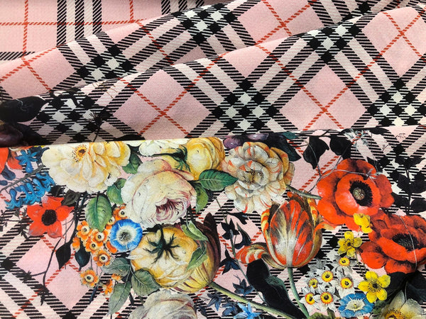 Check Tweed Boquet Print on Silk Crepe de Chine, Light Pink