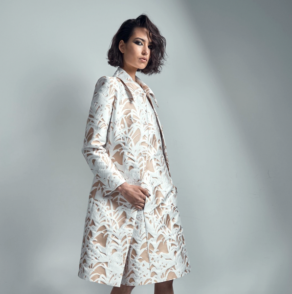 Cream & Apricot Floral Jacquard Suiting