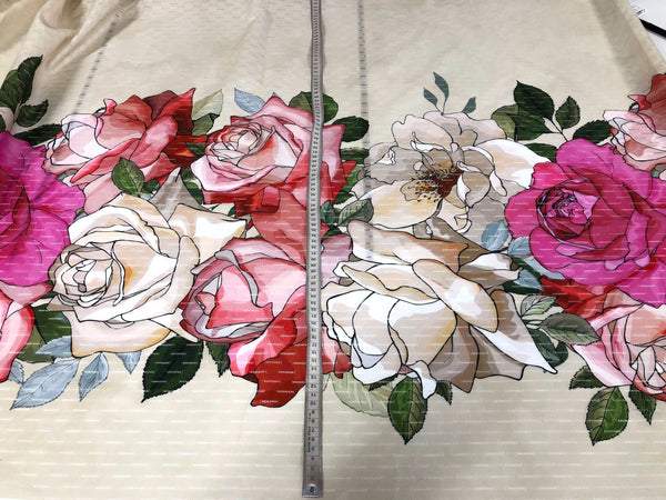Printed Border Eyelet Stripe Cotton, Roses & Magnolias