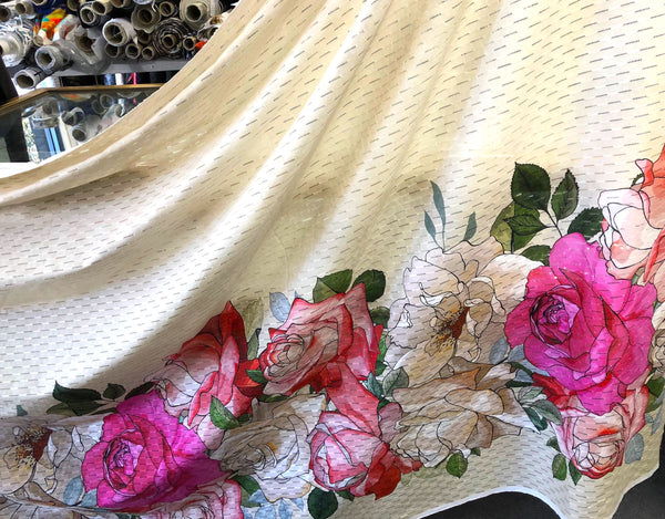 Printed Border Eyelet Stripe Cotton, Roses & Magnolias