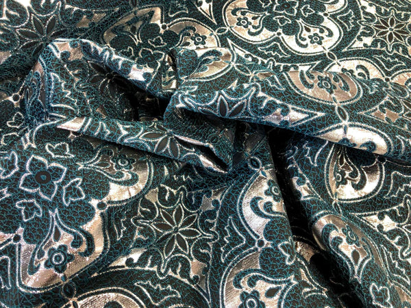 Silver & Dark Teal Mandala Brocade, Jacquard