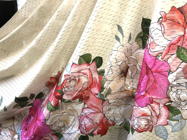 Printed Border Eyelet Stripe Cotton, Roses & Magnolias