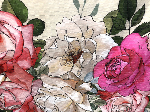 Printed Border Eyelet Stripe Cotton, Roses & Magnolias