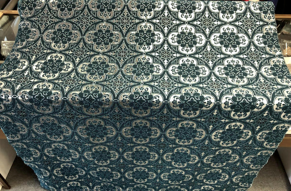 Silver & Dark Teal Mandala Brocade, Jacquard