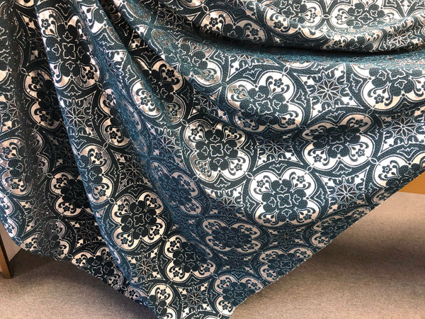 Silver & Dark Teal Mandala Brocade, Jacquard