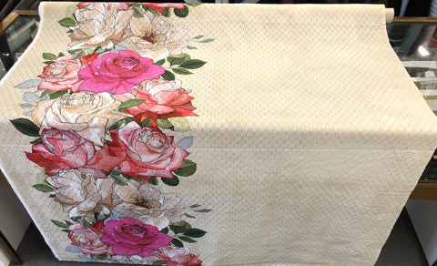 Printed Border Eyelet Stripe Cotton, Roses & Magnolias