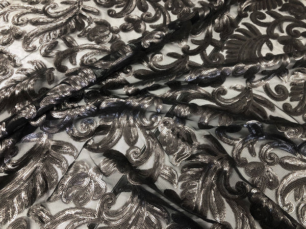Pewter Bronze Sequins on Black Tulle Net