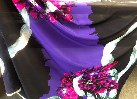 PANEL- Painted Tulips in Fuscia, on Black Crepe de Chine