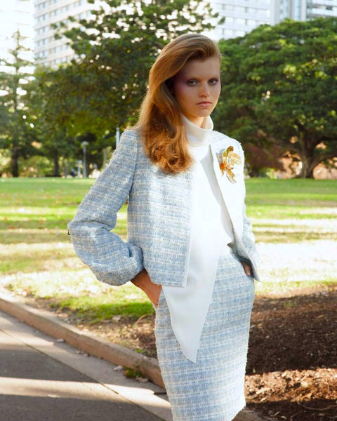 Textured Baby Blue, White & Silver Tweed Suiting
