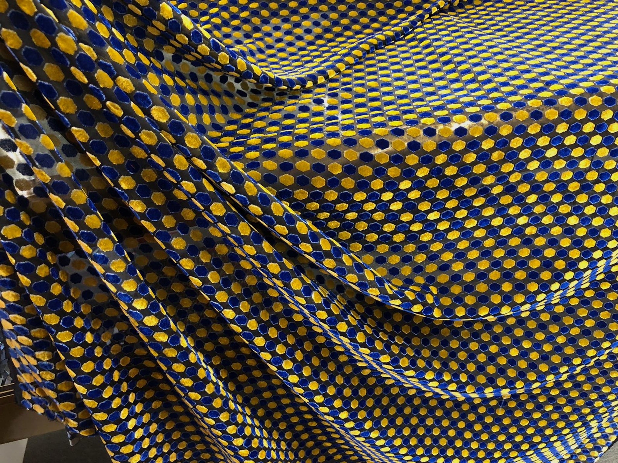 Blue & Yellow Hexagon Velvet Devorè