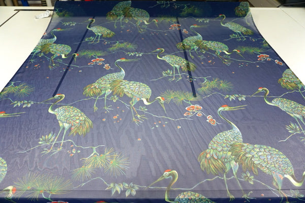 Green Crane Print on Blue Chiffon