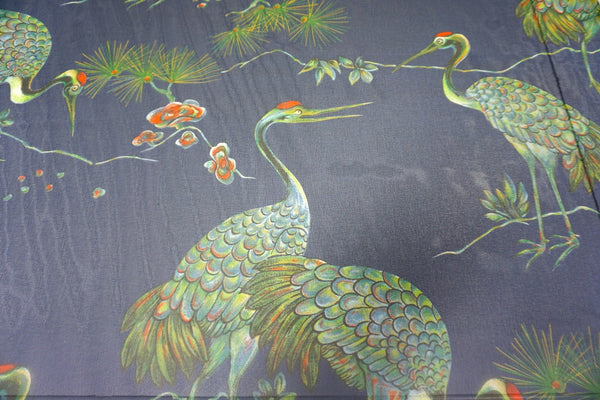 Green Crane Print on Blue Chiffon