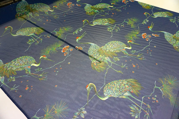 Green Crane Print on Blue Chiffon